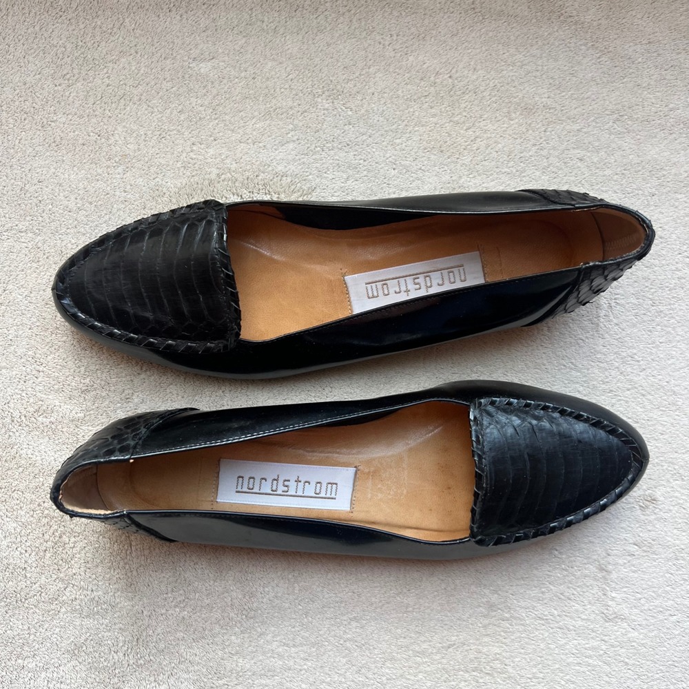 Nordstrom Women 7S Black Patent Leather Snakeskin Embossed Loafers Flats Vintage